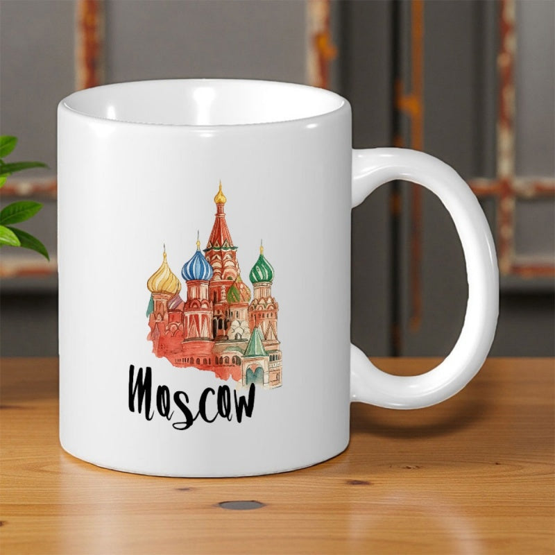 Tailorly White Ceramic 11 oz Mug - Moscow Intricate Watercolor Painting Of Colorful Famous Landmark On White Surface Cathedral