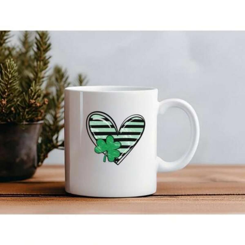 Tailorly White Ceramic 11 oz Mug - Striped Artistic Pattern With Vibrant Green Shamrock Resting On Decorative Heart