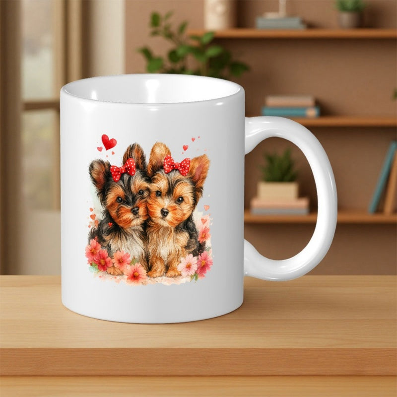 Tailorly White Ceramic 11 oz Mug - Two Sweet Little Dogs Wearing Red Bows Among Pink Flowers Hearts Yorkies