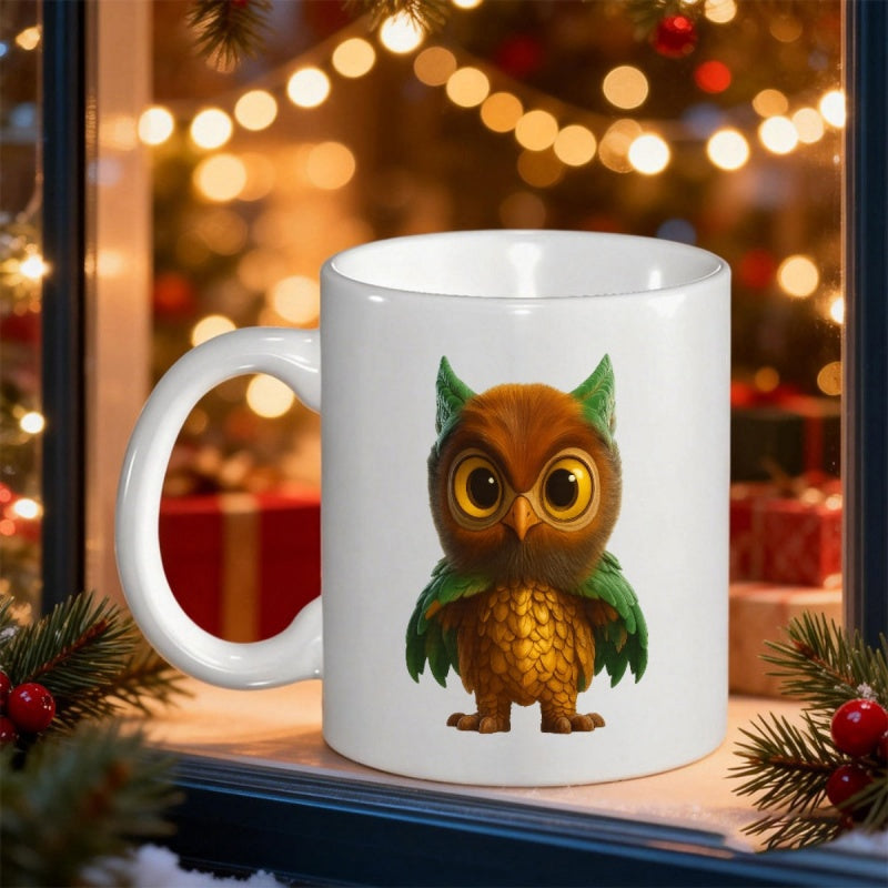 Tailorly White Ceramic 11 oz Mug - Cute Golden Textured Owl With Green Leafy Wings Standing Proudly Owl