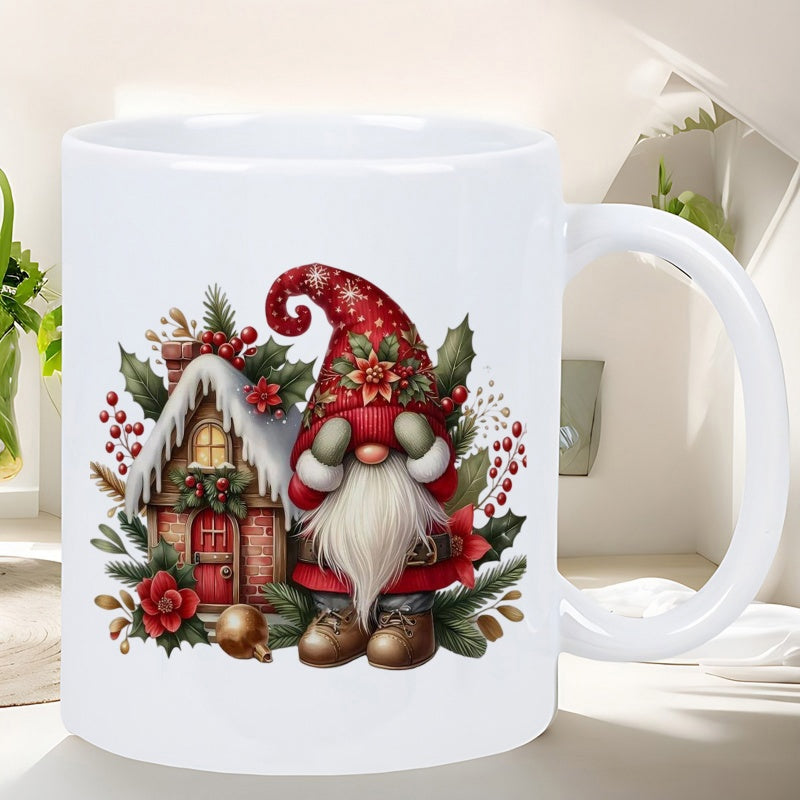 Tailorly White Ceramic 11 oz Mug - Festive Christmas Cottage Surrounded By Holly Berries Beside A Snowy Gnome