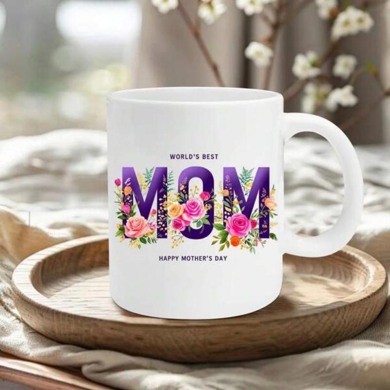 Tailorly White Ceramic 11 oz Mug - World's Best Mom Happy Mother's Day Vibrant Blooming Roses Intertwined With Elegant Bold Purple Letters Mug