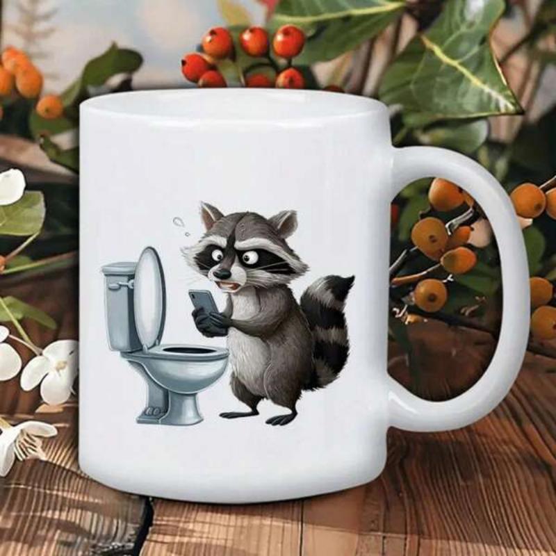 Tailorly White Ceramic 11 oz Mug - Funny Cartoon Animal Holding Smart Phone Near Small White Bathroom Toilet Raccoon