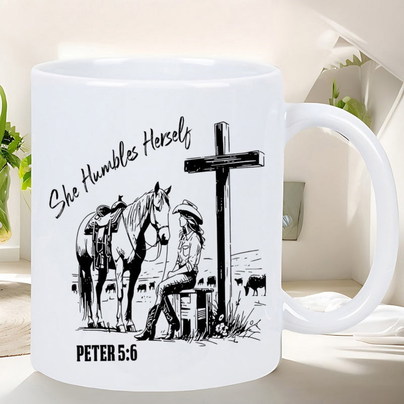 Tailorly White Ceramic 11 oz Mug - She Humbles Herself Peter 5 6 Peaceful Western Scene Featuring Horse And Rustic Wood Cross Cowgirl
