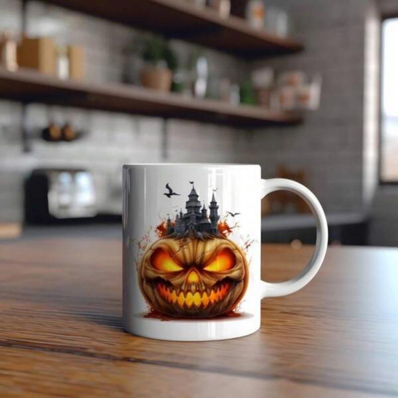 Tailorly White Ceramic 11 oz Mug - Menacing Carved Halloween Jack O Lantern With Spooky Castle And Bats Pumpkin