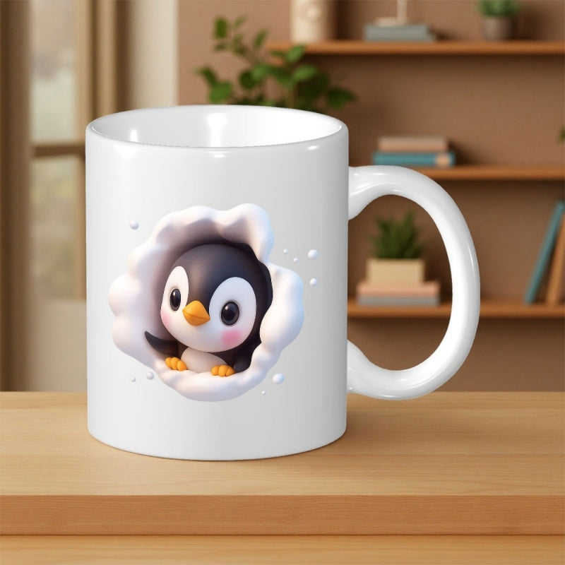 Tailorly White Ceramic 11 oz Mug - Adorable Small 3D Style Bird Peeking From Fluffy White Snow Penguin
