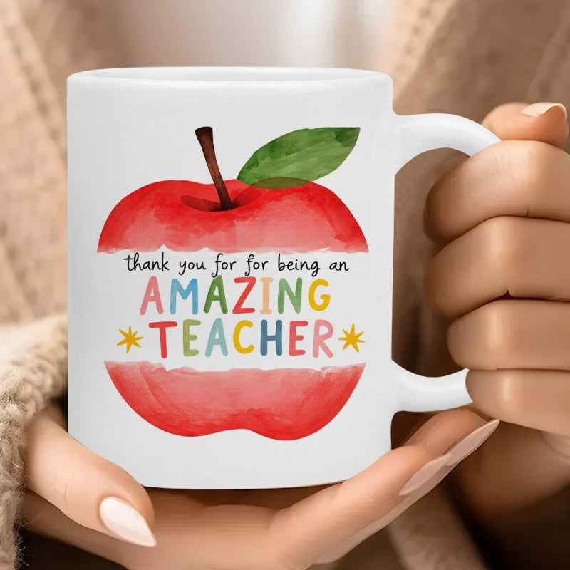 Tailorly White Ceramic 11 oz Mug - Thank You For Being An Amazing Teacher Watercolor Painted Vibrant Red Fruit Featuring A Green Leaf On Top Apple