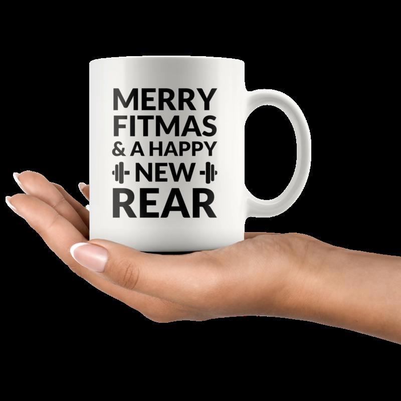 Tailorly White Ceramic 11 oz Mug - Merry Fitmas Happy New Rear Bold Black Sans Serif Typography Featuring A Small Central Dumbbell Symbol Mug