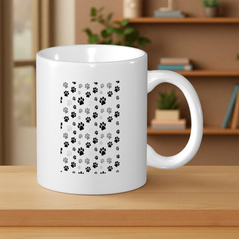 Tailorly White Ceramic 11 oz Mug - Graceful Repeating Black And Grey Stylized Animal Footprints Arranged In Pattern Paw