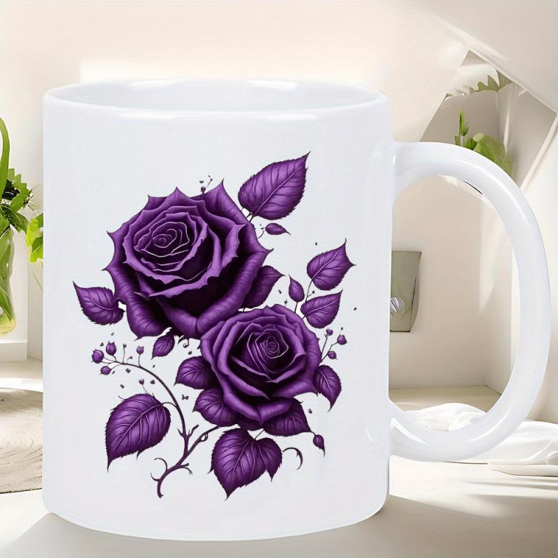 Tailorly White Ceramic 11 oz Mug - Elegant Purple Blooming Petals Among Delicate Detailed Leaves And Thorns Rose