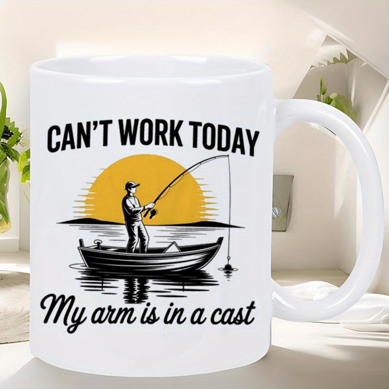 Tailorly White Ceramic 11 oz Mug - Can't Work Today My Arm Is In A Cast Lone Fisherman Casting Line From Small Boat Under Golden Sunset Glow Fisherman