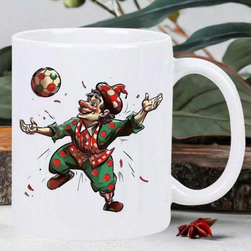 Tailorly White Ceramic 11 oz Mug - Cheerful Juggling Performer In Polka Dot Suit Playing With Colorful Patterned Ball Clown