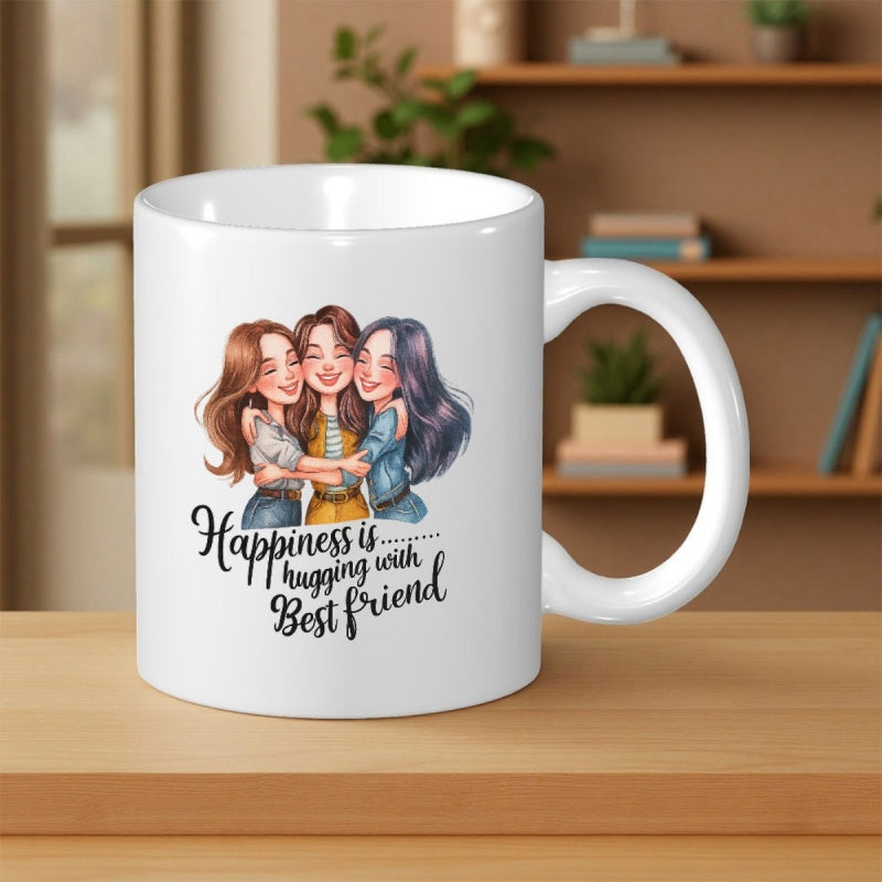 Tailorly White Ceramic 11 oz Mug - Happiness Is Hugging With Best Friend Three Beautiful Girls Hugging Each Other In A Warm Embrace Friends