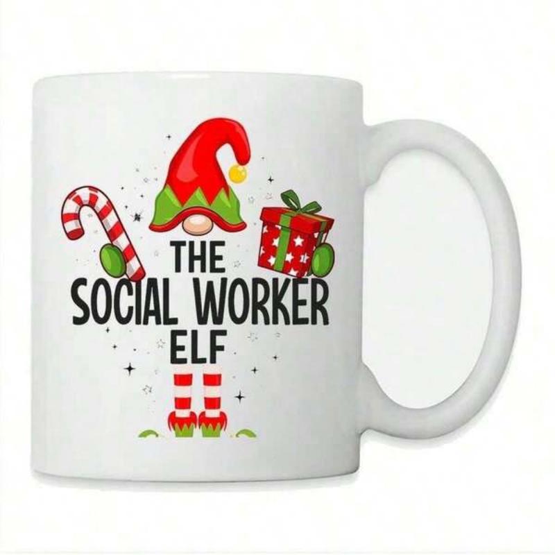 Tailorly White Ceramic 11 oz Mug - The Social Worker Elf Whimsical Christmas Theme With Candy Cane Gift Box And Striped Boots Elf