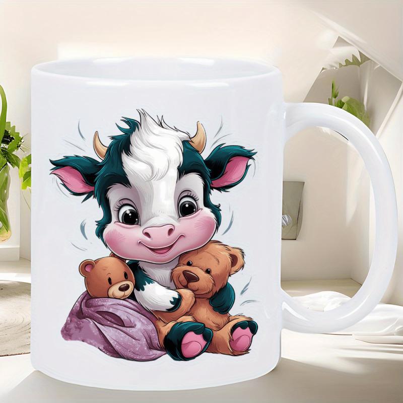 Tailorly White Ceramic 11 oz Mug - Cute Cartoon Calf With Fluffy Hair Hugging A Soft Brown Teddy Bear Cow