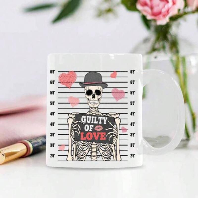 Tailorly White Ceramic 11 oz Mug - Guilty Of Love Wearing Bowler Hat Holding Sign Amidst Pink Hearts Mugshot Skeleton