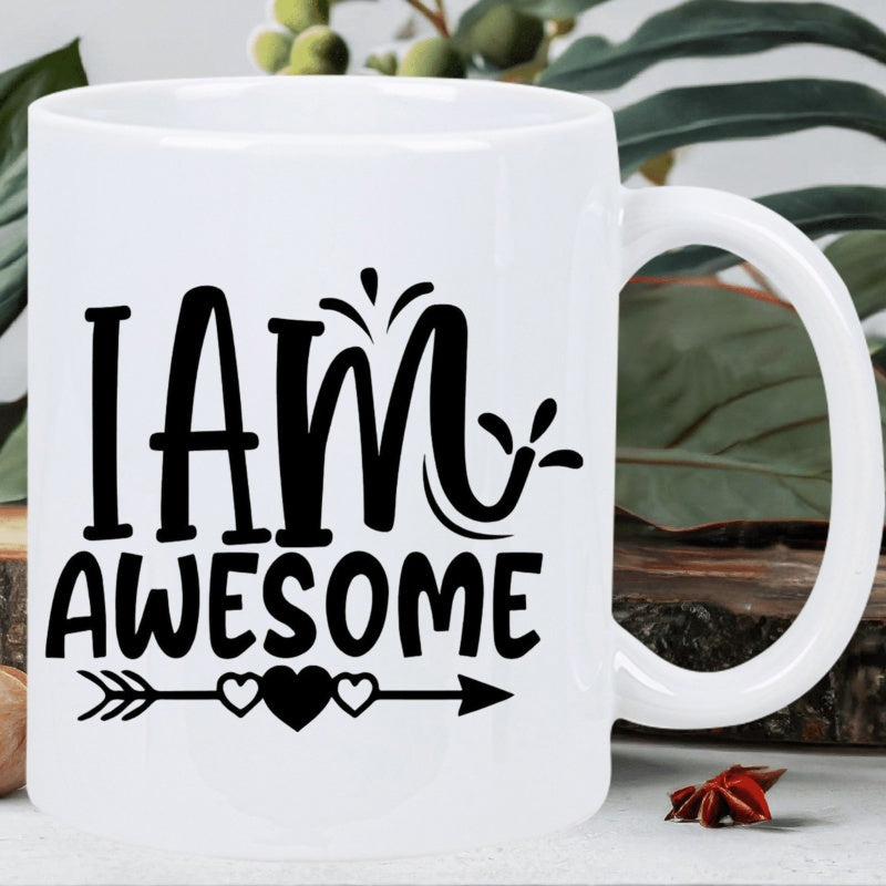 Tailorly White Ceramic 11 oz Mug - I Am Awesome Stylized Script Lettering Above Decorative Heart Arrow With Artistic Splashes Arrow