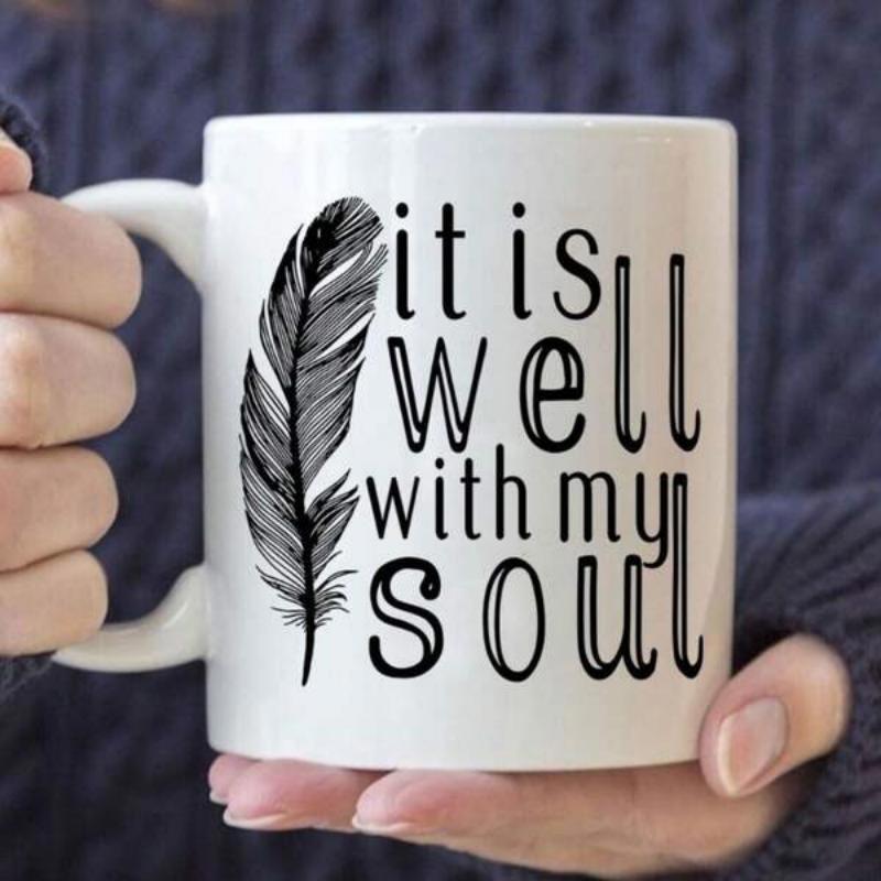 Tailorly White Ceramic 11 oz Mug - It Is Well With My Soul Graceful Black Ink Feather Drifting Lightly In A Peaceful Serene Atmosphere Feather