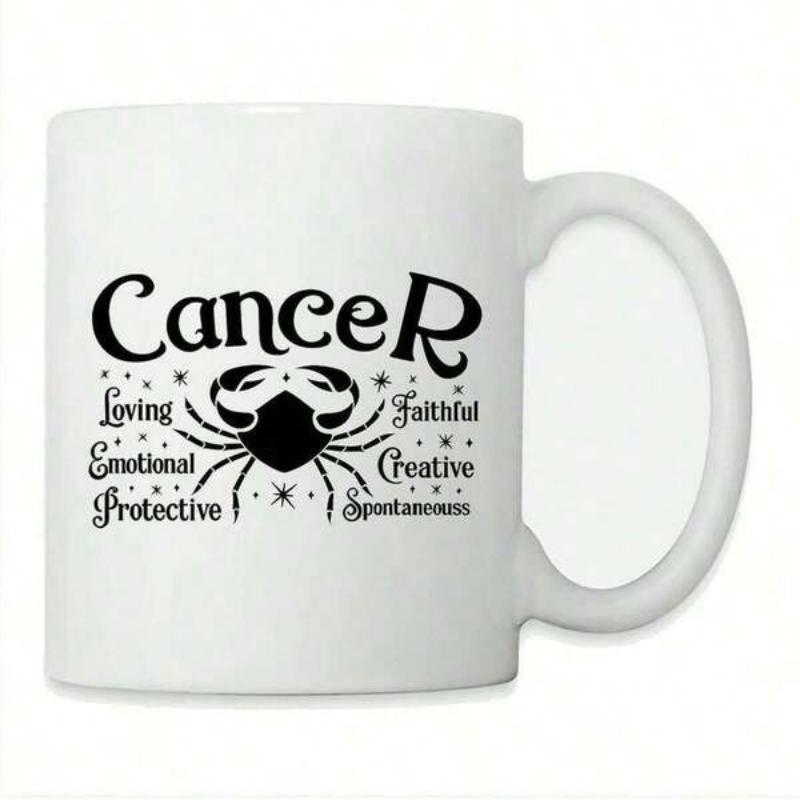 Tailorly White Ceramic 11 oz Mug - Cancer Loving Emotional Protective Faithful Creative Spontaneous Minimalist Black Ink Zodiac Symbol With Elegant Celestial Star