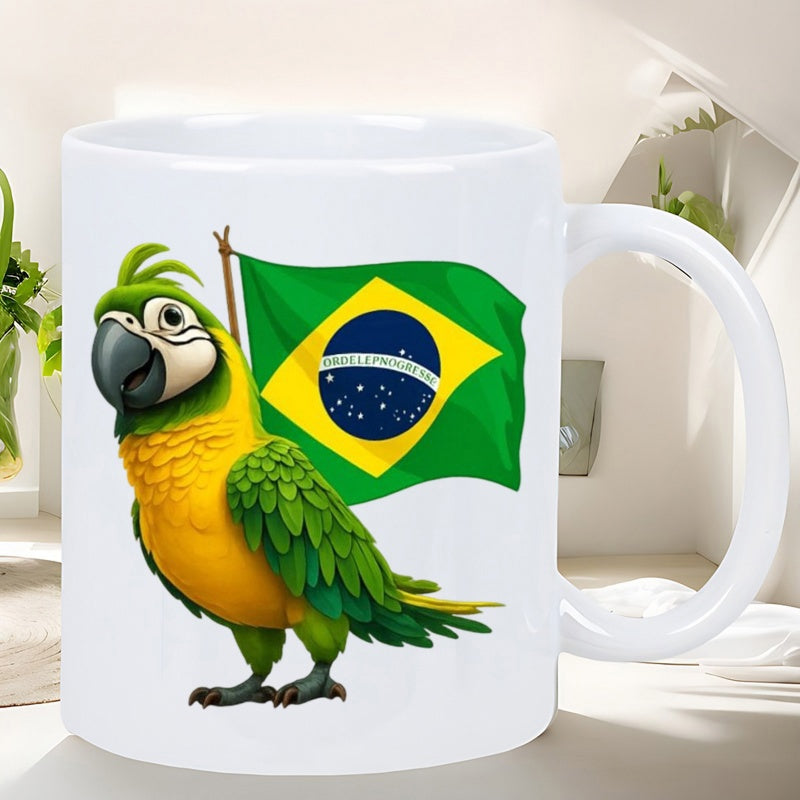 Tailorly White Ceramic 11 oz Mug - Vibrant Green And Yellow Bird Standing Beside A Waving Brazilian Flag Parrot