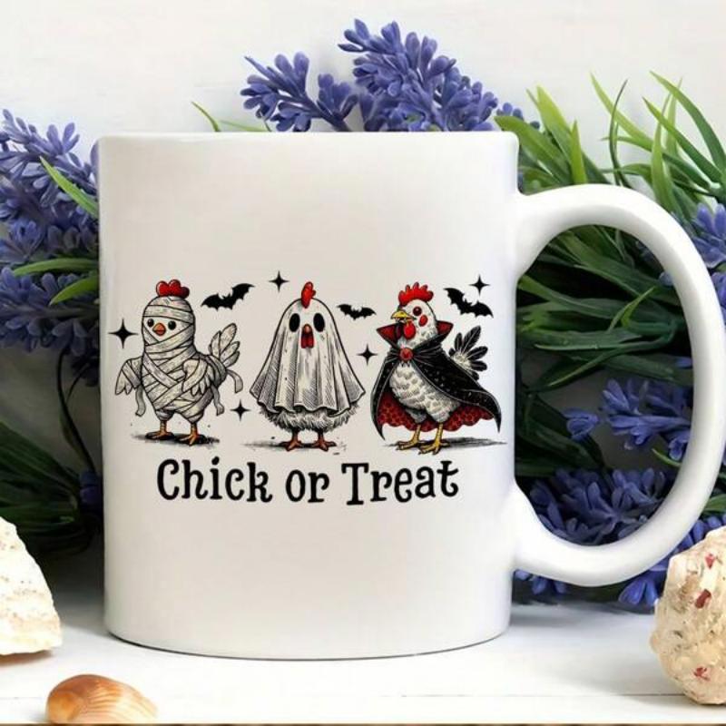 Tailorly White Ceramic 11 oz Mug - Chick Or Treat Three Adorable Chickens Dressed In Spooky Halloween Costumes With Flying Bats And Stars Chicken