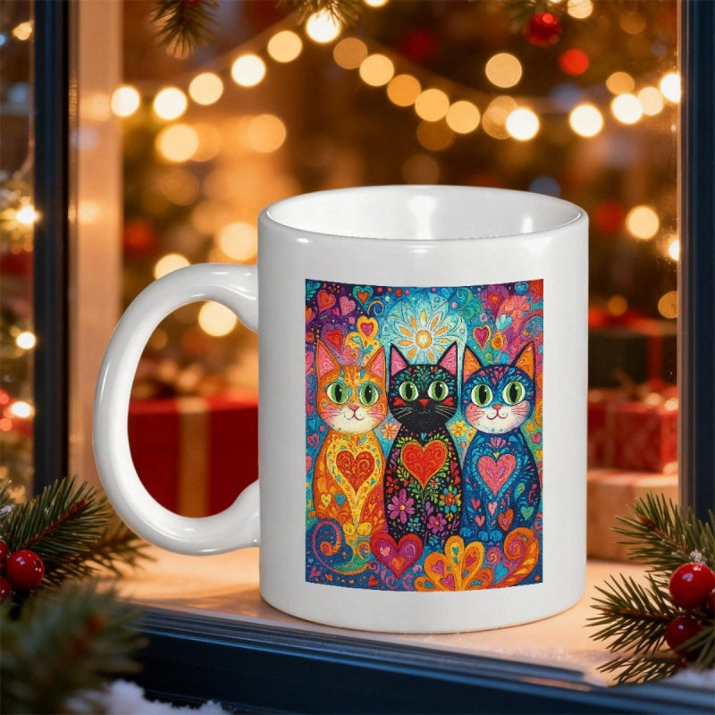 Tailorly White Ceramic 11 oz Mug - Vibrant Psychedelic Folk Art Illustration Featuring Three Whimsical Colorful Cats