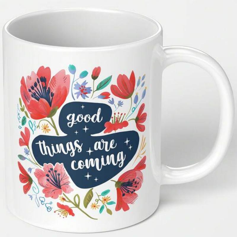 Tailorly White Ceramic 11 oz Mug - Good Things Are Coming Vibrant Red Poppies And Wildflowers Dancing Among Delicate Green Leaves Flowers