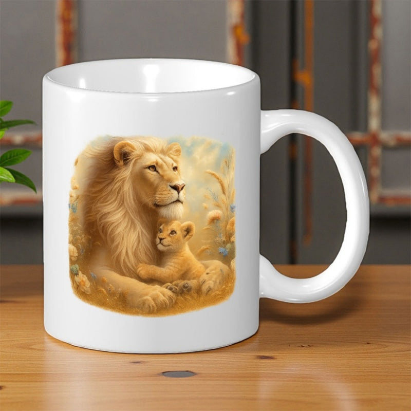 Tailorly White Ceramic 11 oz Mug - Majestic Adult Lion Resting With A Small Cub In Golden Sunlight Lion