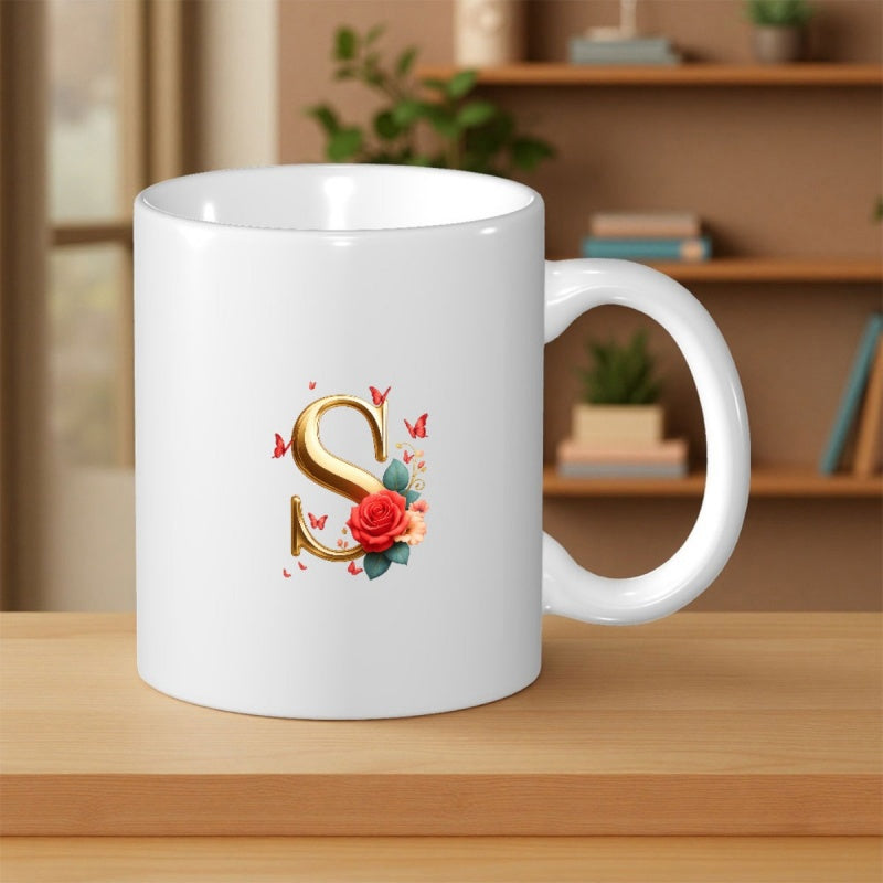Tailorly White Ceramic 11 oz Mug - S Elegant Golden Letter Adorned With A Red Rose And Delicate Fluttering Butterflies Mug