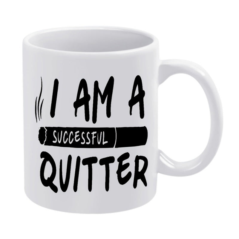 Tailorly White Ceramic 11 oz Mug - I Am A Successful Quitter Bold Brush Style Typography With Smoking Cigarette Silhouette Graphic Cigarette