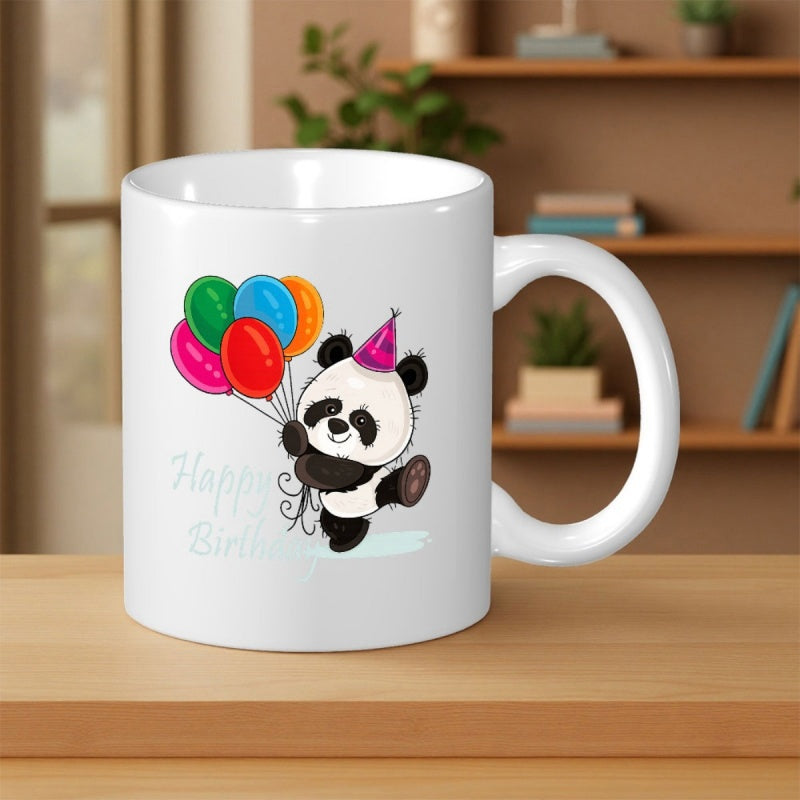 Tailorly White Ceramic 11 oz Mug - Happy Birthday Cute Little Animal Holding Colorful Floating Balloons Wearing Party Hat Panda