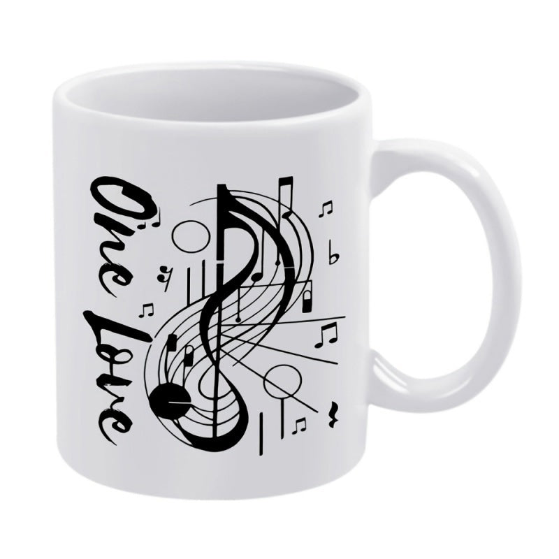 Tailorly White Ceramic 11 oz Mug - One Love Intricate Abstract Musical Notes With Artistic Clef And Melodic Staff Lines Clef