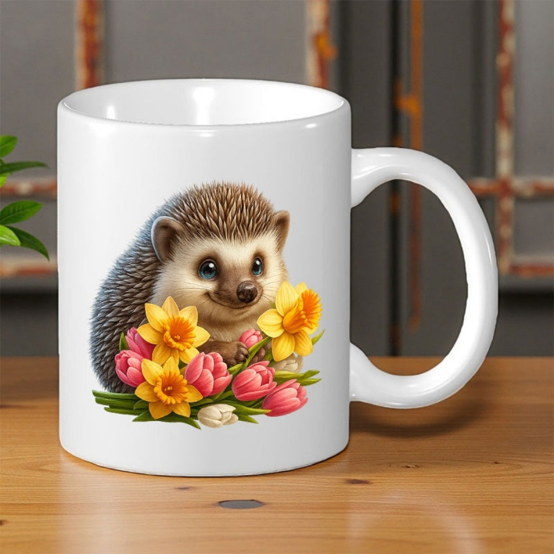 Tailorly White Ceramic 11 oz Mug - Charming Little Hedgehog Sitting Among Colorful Spring Flowers And Blooming Daffodils Hedgehog