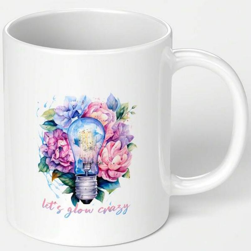 Tailorly White Ceramic 11 oz Mug - Lets Glow Crazy Vibrant Watercolor Floral Bouquet Encircling A Bright Blue Radiant Filament Lightbulb
