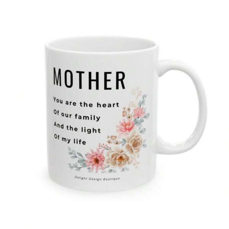 Tailorly White Ceramic 11 oz Mug - Mother You Are The Heart Of Our Family And The Light Of My Life Elegant Watercolor Floral Bouquet With Soft Pastel Pink And