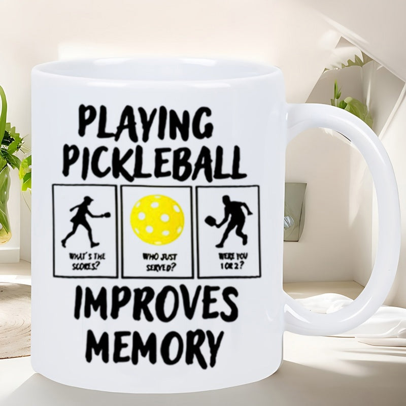 Tailorly White Ceramic 11 oz Mug - Playing Pickleball Improves Memory Sporty Athletic Figures Engaging In A Dynamic Game With Yellow Pickleball