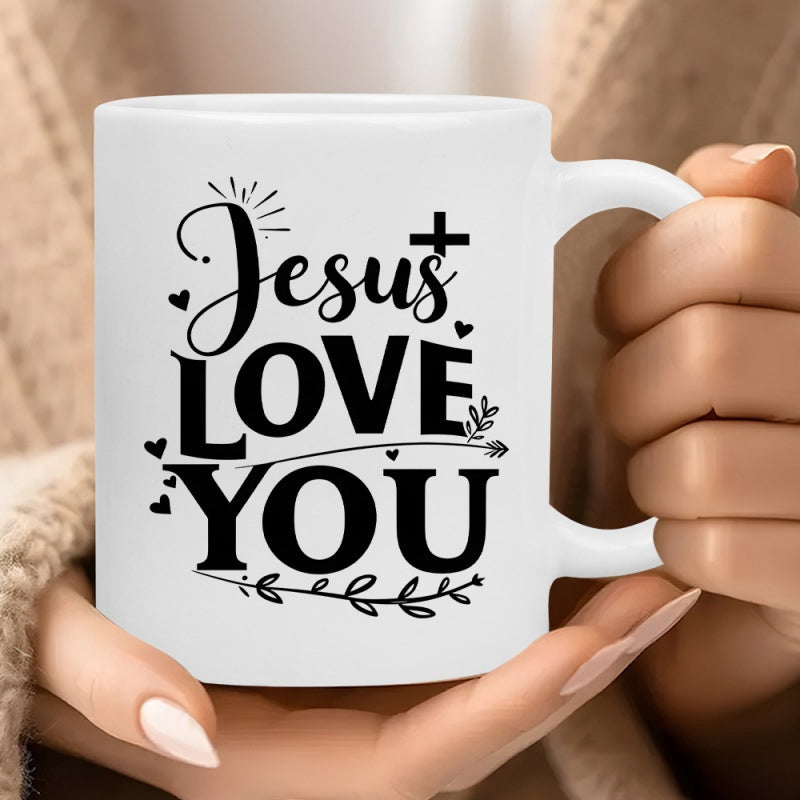 Tailorly White Ceramic 11 oz Mug - Jesus Love You Delicate Cross Symbol With Floating Hearts And Graceful Botanical Arrow Mug