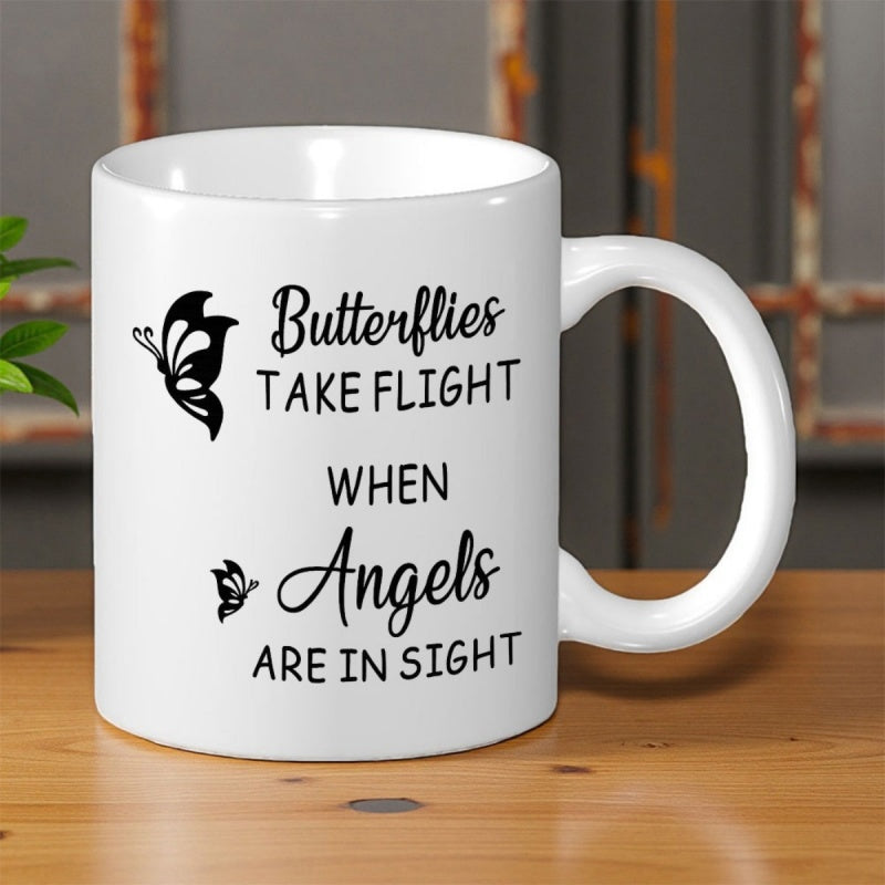 Tailorly White Ceramic 11 oz Mug - Butterflies Take Flight When Angels Are In Sight Minimalist Black Winged Silhouettes Fluttering In Spiritual Peace And Harmony