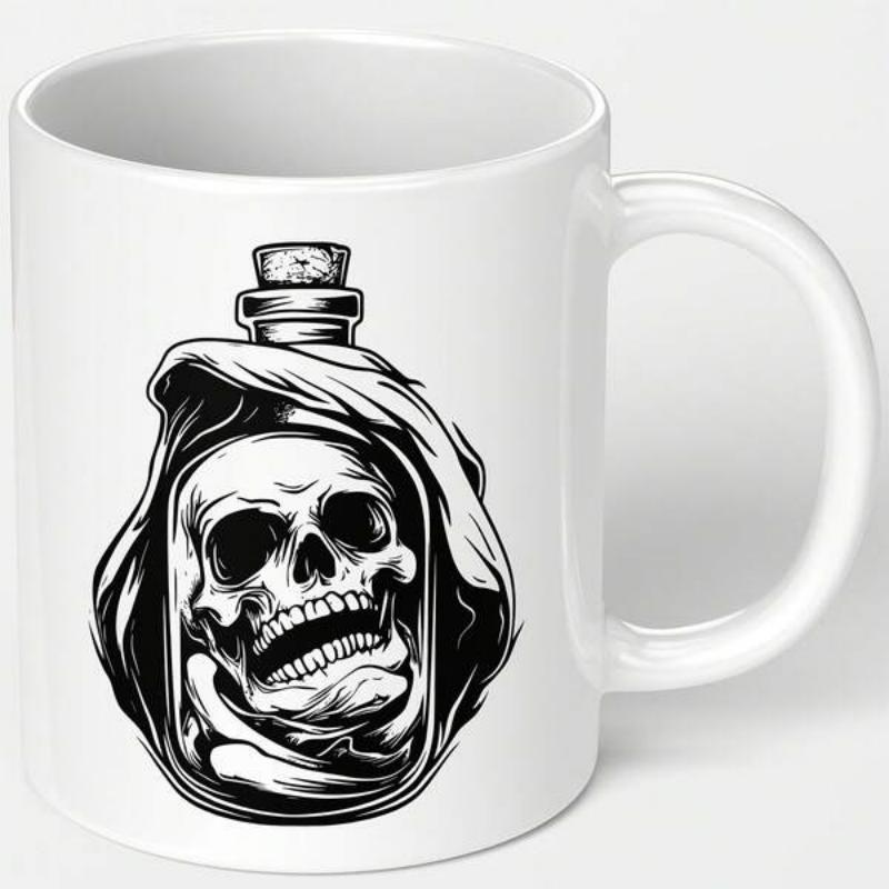 Tailorly White Ceramic 11 oz Mug - Gritty Gothic Style Skull Contained Inside A Vintage Glass Apothecary Bottle