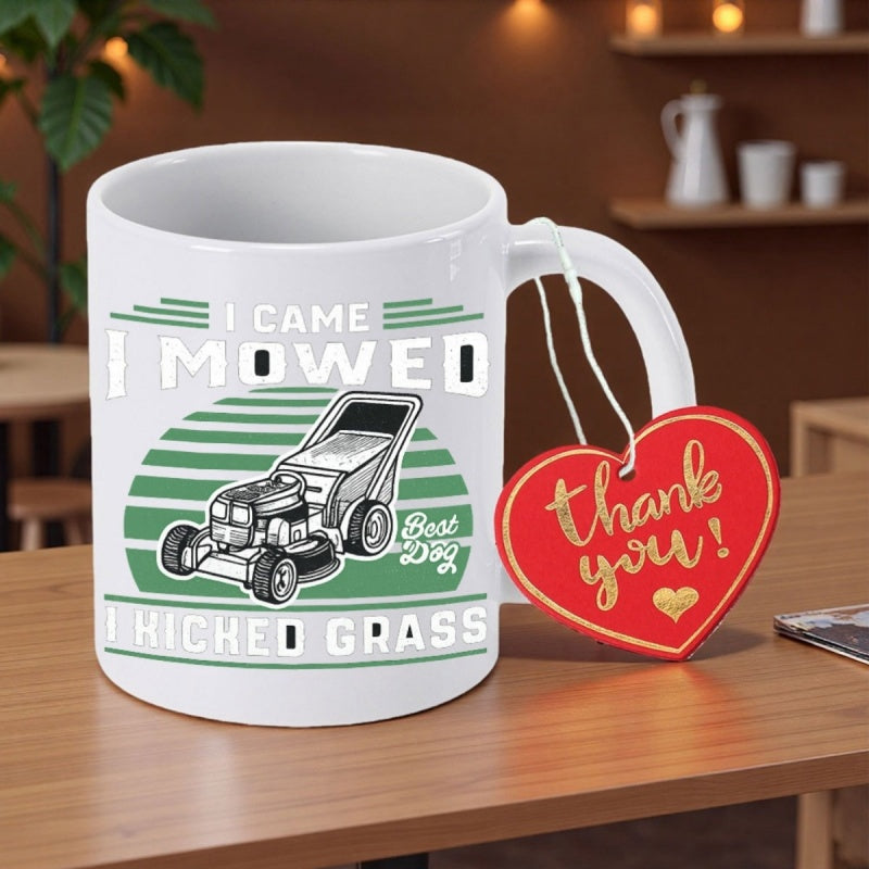 Tailorly White Ceramic 11 oz Mug - I Came I Mowed I Kicked Grass Best Dad Vintage Machine Working On Garden Grass Under Green Retro Sun Lawnmower