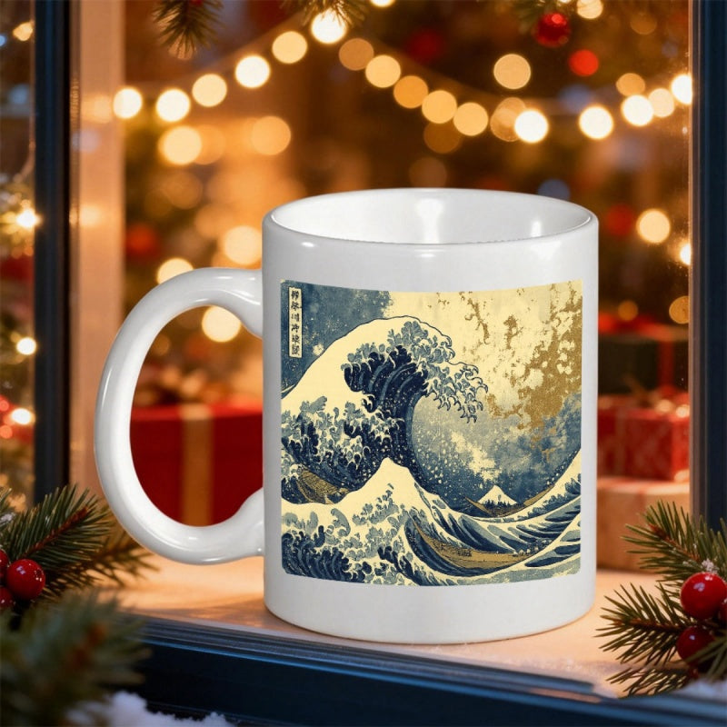 Tailorly White Ceramic 11 oz Mug - Iconic Blue Sea Surging High Over Distant Snowy Mount Fuji Wave