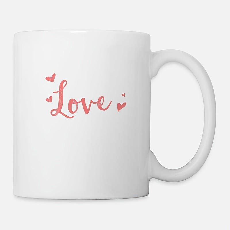 Tailorly White Ceramic 11 oz Mug - Love Pink Calligraphy Script With Small Fluttering Romantic Floating Sweet Heart