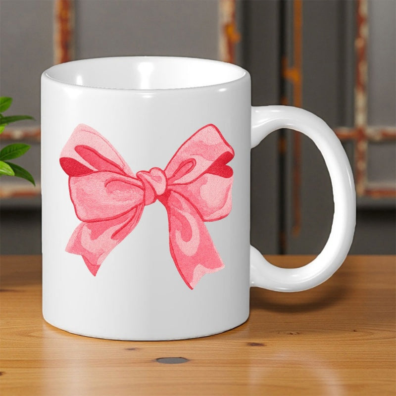Tailorly White Ceramic 11 oz Mug - Soft Pink Watercolor Texture Artistically Painted With Elegant Flowing Ribbon Bow