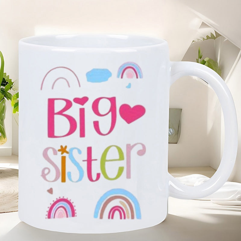 Tailorly White Ceramic 11 oz Mug - Big Sister Playful Pastel Artistic Hand Drawn Elements Among Love Hearts Rainbow