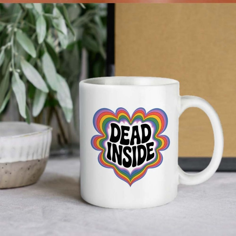 Tailorly White Ceramic 11 oz Mug - Dead Inside Retro Psychedelic Rainbow Wavy Pattern Featuring Colorful Vibrant Concentric Groovy Heart