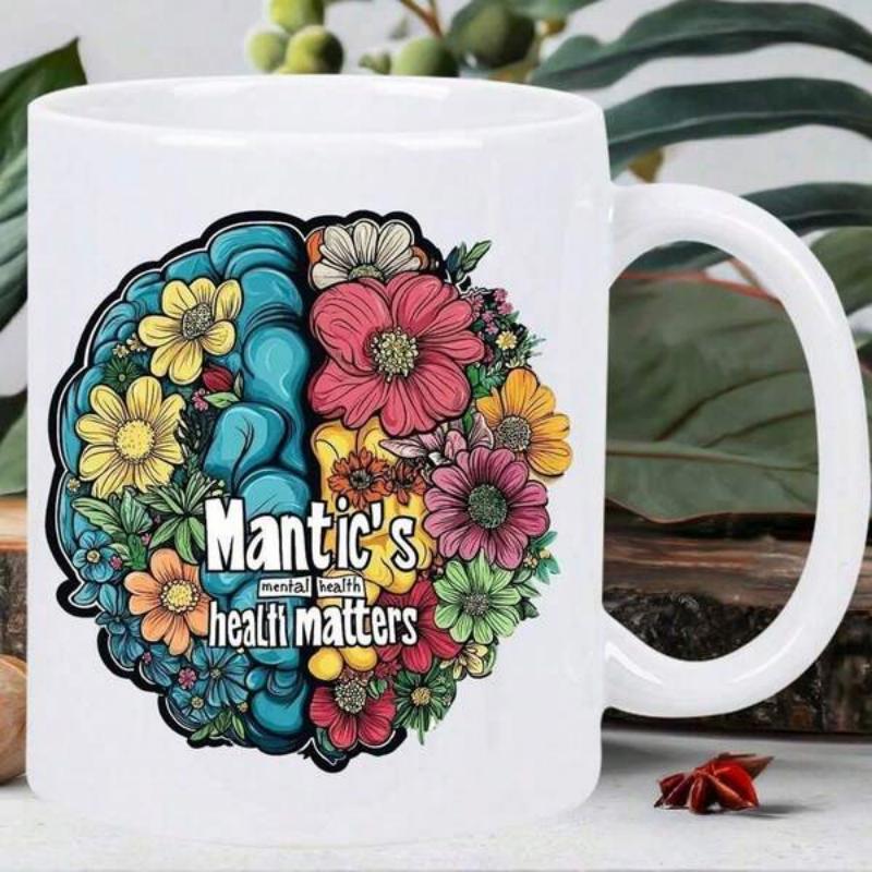 Tailorly White Ceramic 11 oz Mug - Mental Health Matters Artistic Anatomical Shape Filled With Colorful Vibrant Blooming Spring Garden Flowers Brain