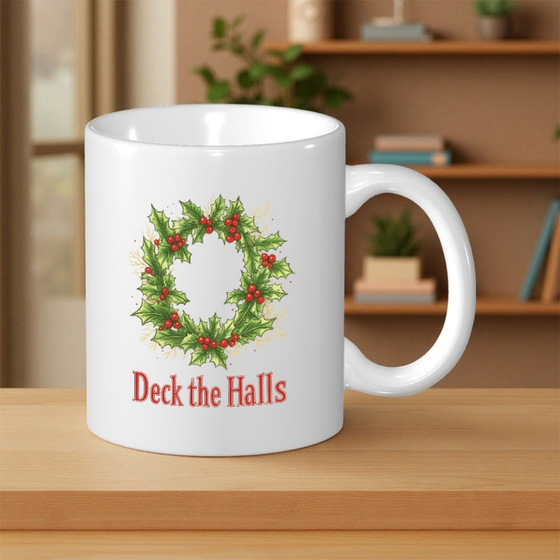 Tailorly White Ceramic 11 oz Mug - Deck The Halls Festive Green Holly Leaves With Bright Red Berries Wreath