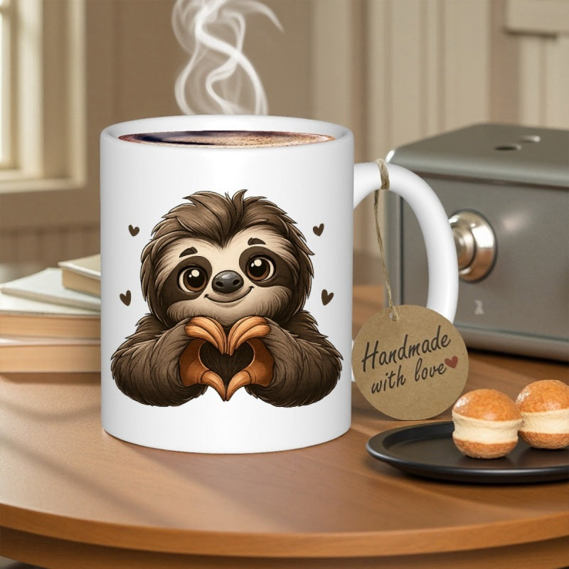 Tailorly White Ceramic 11 oz Mug - Charming Brown Furry Animal Creating A Sweet Heart Shape With Paws Sloth