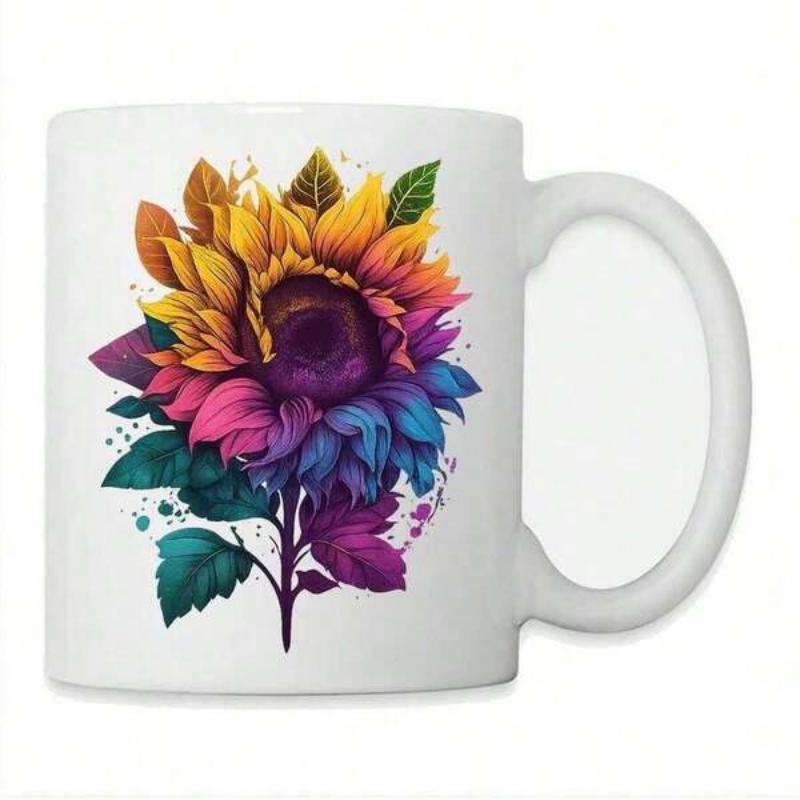 Tailorly White Ceramic 11 oz Mug - Vibrant Rainbow Colored Petals Blooming Among Lush Green Leaves Artistic Sunflower