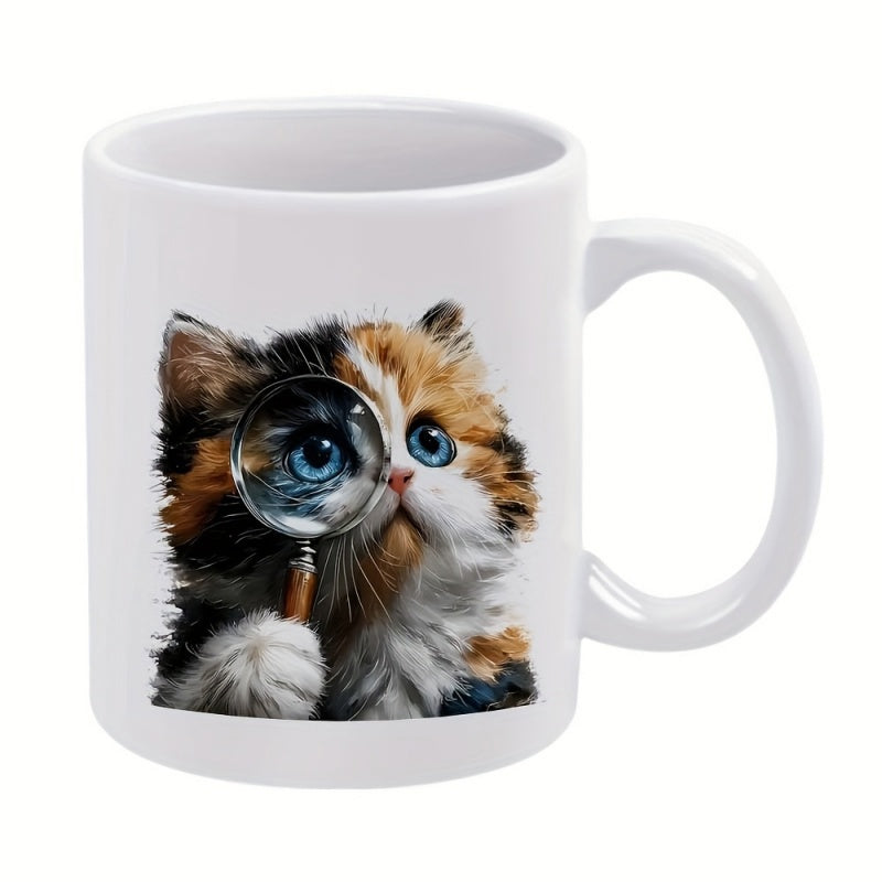 Tailorly White Ceramic 11 oz Mug - Curious Fluffy Tricolor Kitten Looking Through A Large Glass Magnifier Cat